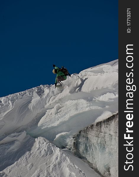 Freerider on the slope, Caucasus mountains