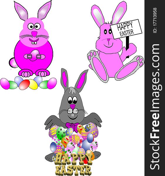 Easter bunnies in cartoon style on white. Easter bunnies in cartoon style on white