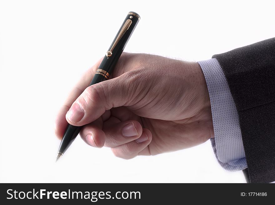 Businessman in grey suit and a blue shirt shows professional business card with copy space, shallow dept of field. Businessman in grey suit and a blue shirt shows professional business card with copy space, shallow dept of field