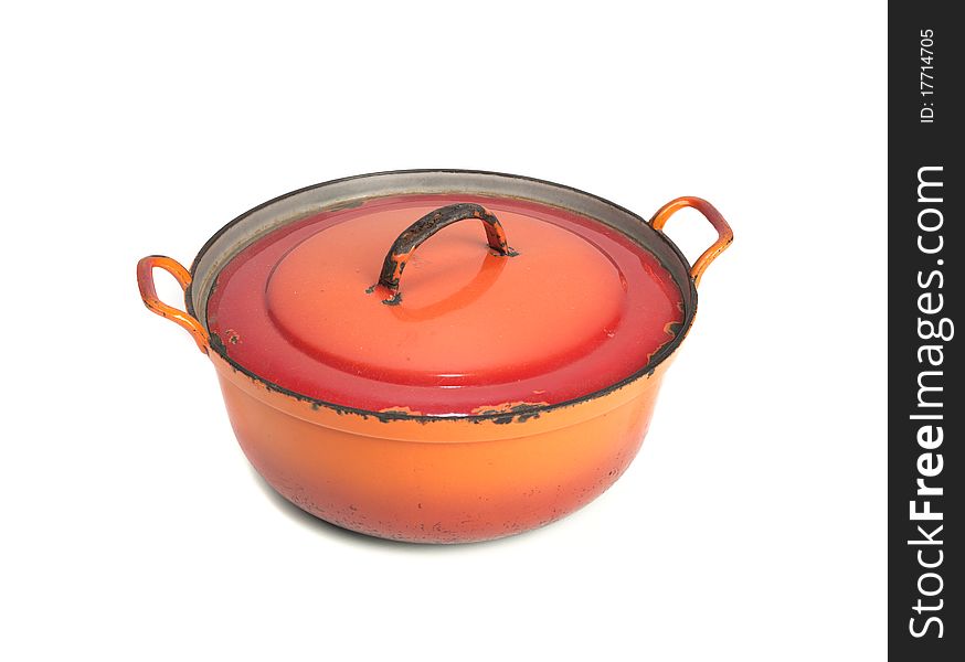Isolated red orange frying pan white handles. Isolated red orange frying pan white handles