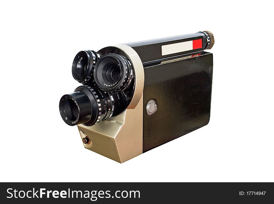 Retro movie camera 8mm 16mm film. studio white background.