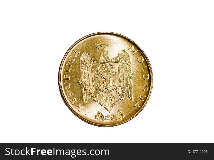 Gold coin, the modern currency of Moldova. photo on a white background. Gold coin, the modern currency of Moldova. photo on a white background