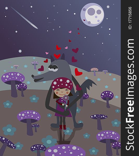 Little Red Riding Hood and wolf. Love. Night scene with mushrooms