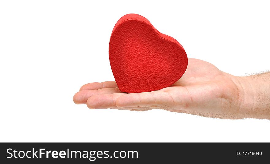 Man's hands gifting heart on valentine day isolated on white