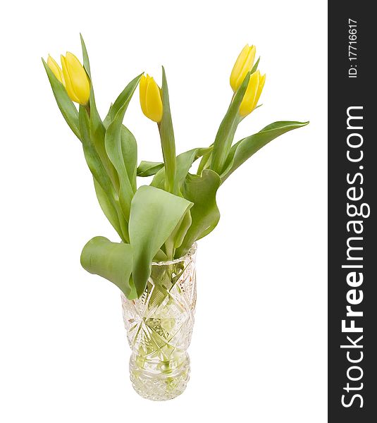 Bouquet of yellow tulips in a crystal vase