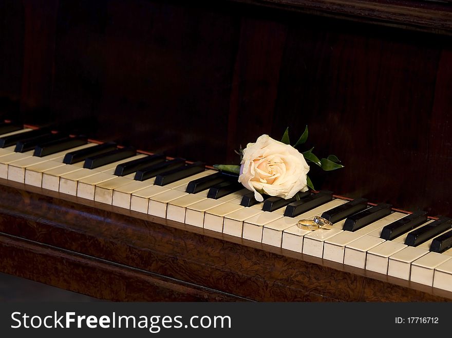 Golden wedding rings with the white rose on the piano. Golden wedding rings with the white rose on the piano