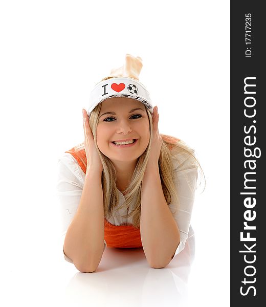 football fan woman with funny hat. isolated on white background. football fan woman with funny hat. isolated on white background