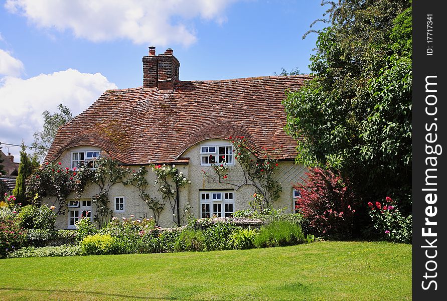 Traditional English Village Cottage and garden with Climbing roses on the Wall