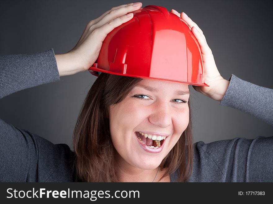 Young Architect Women Wearing Red Hardhat