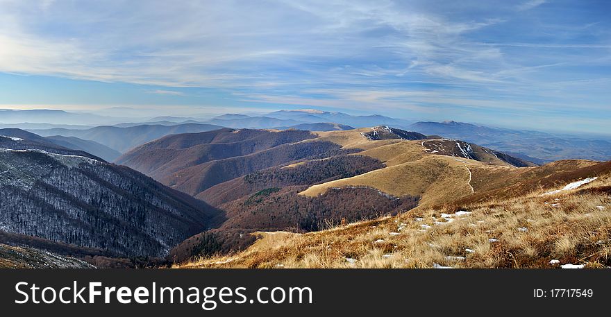 Late autumn mountain meadows on Borzhava ridge panorama. Late autumn mountain meadows on Borzhava ridge panorama