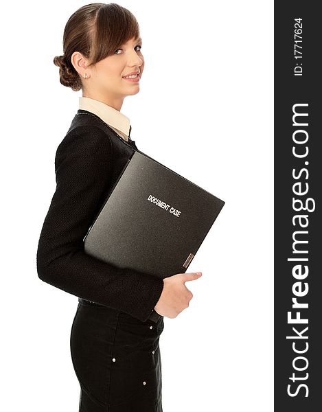 The office worker working in office and holding the document case in the hands