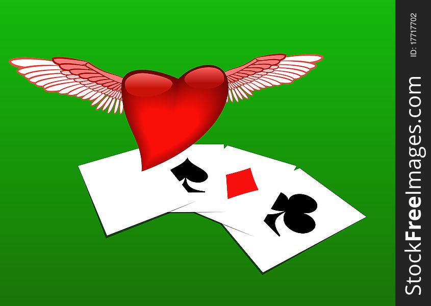 Winged heart and playing cards are shown in the picture. Winged heart and playing cards are shown in the picture.