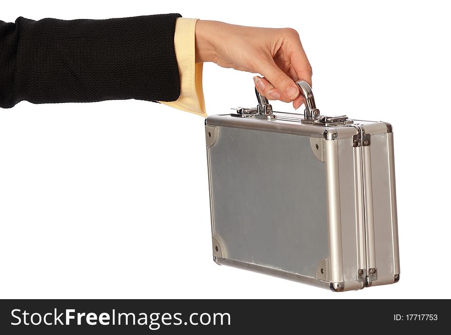 Woman holding metal grey case with money. Woman holding metal grey case with money