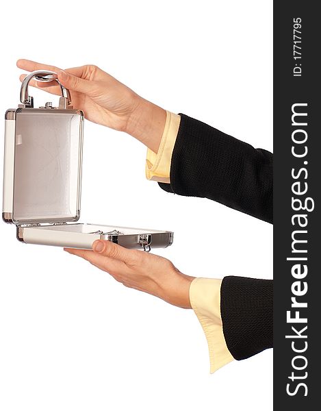 Woman unlocking metal grey case with cosmetics. Woman unlocking metal grey case with cosmetics