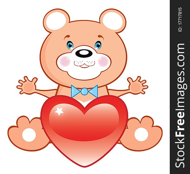 Brown bear toy with red heart: isolated illustration. Brown bear toy with red heart: isolated illustration