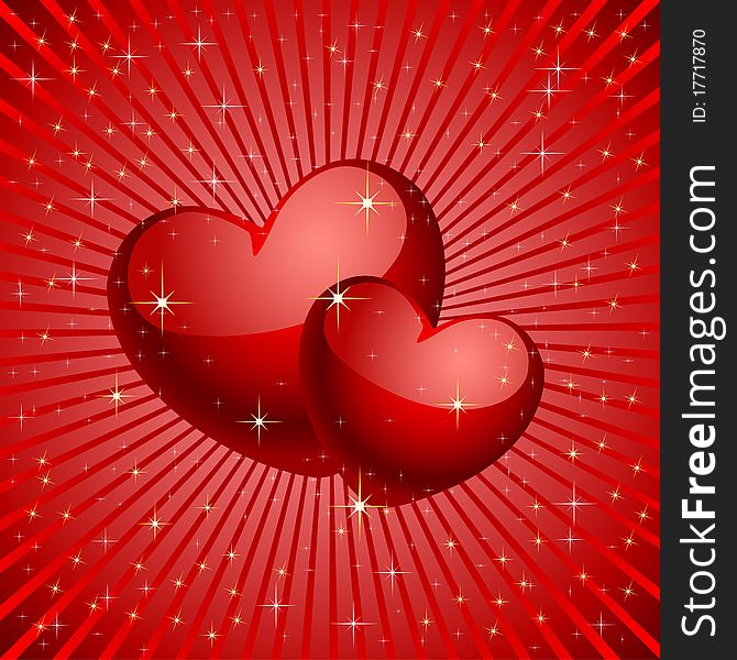 Two hearts on a red background. Vector illustration.