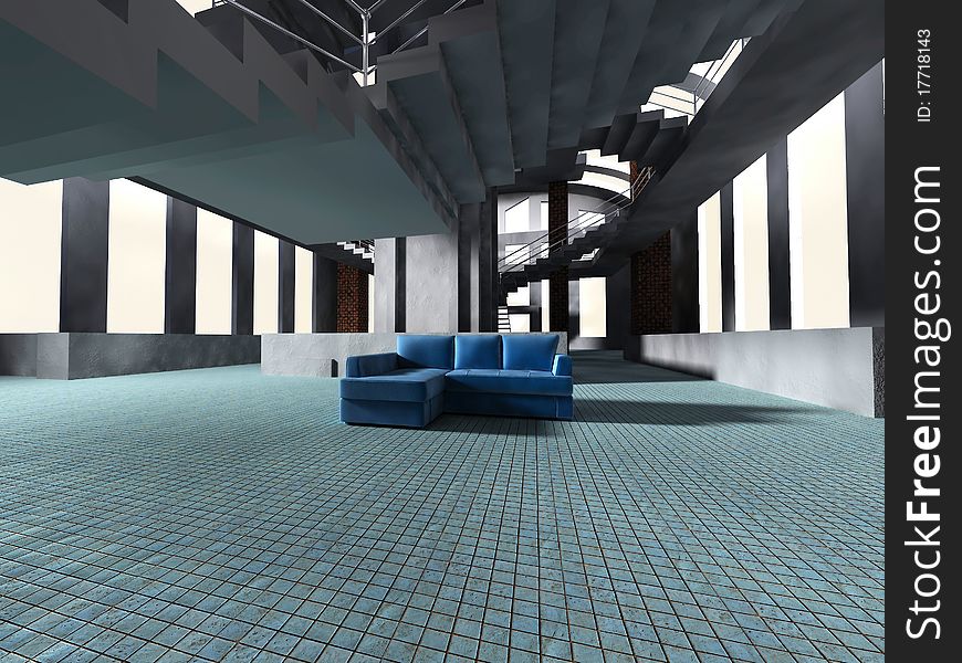 Interior gallery with blue sofa. Interior gallery with blue sofa