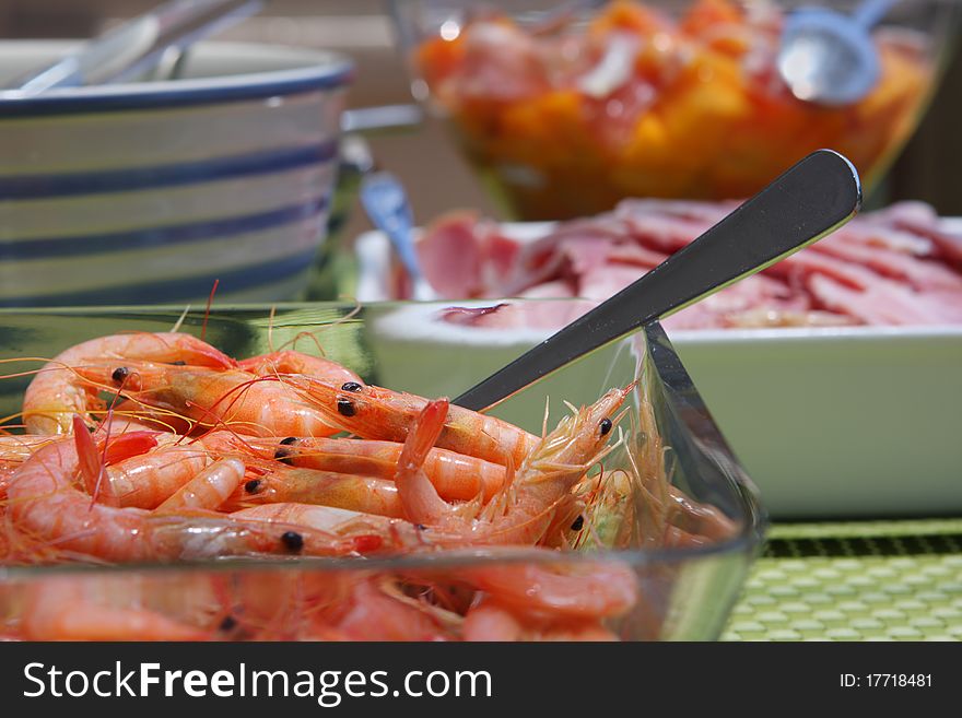 Fresh seafood, meat and salad lunch