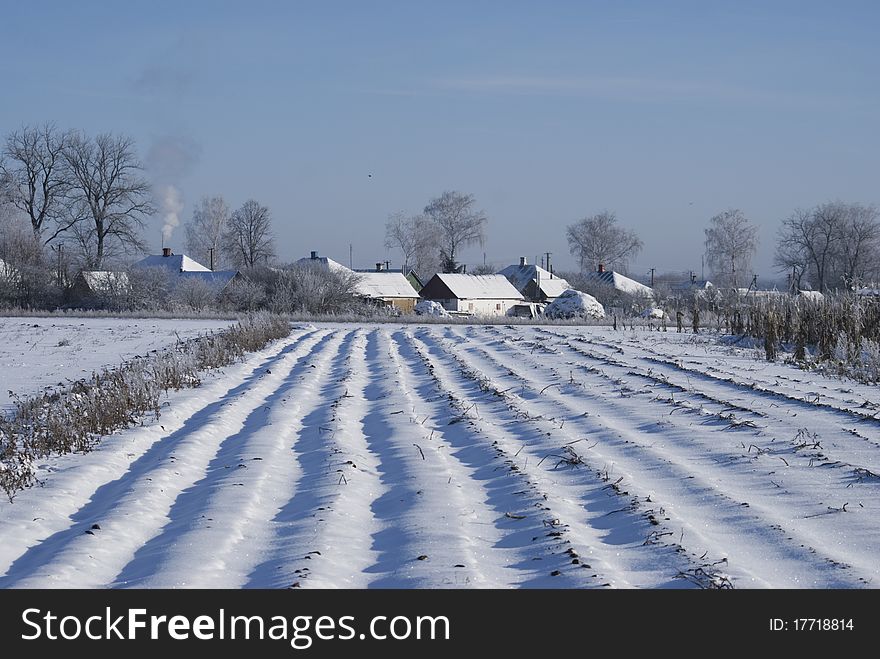 Winter in small village, snowdrifts in the field