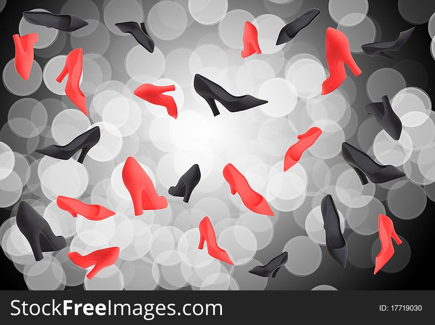 Abstract of falling Ladies stilettos in black and red.