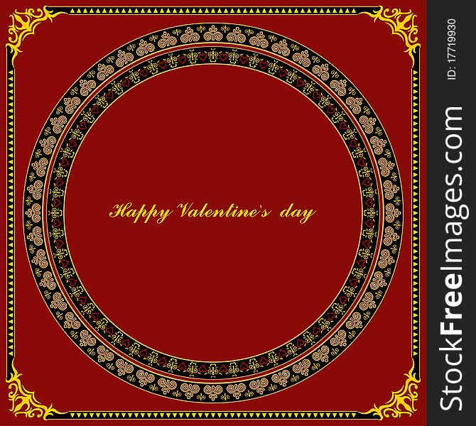 Design of valentine greeting card with ornament on red background. Design of valentine greeting card with ornament on red background