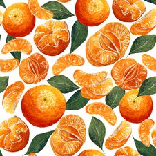 Seamless Texture Of Watercolor Tropical Fruits. Pattern With Mandarins, Peeled, Slices And Green Leaves. Food Design For Wrapping Royalty Free Stock Photos