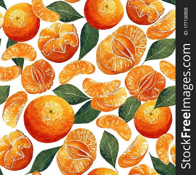 Seamless texture of watercolor tropical fruits. Pattern with mandarins, peeled, slices and green leaves. Food design for wrapping or invitation. Print with natural organic elements
