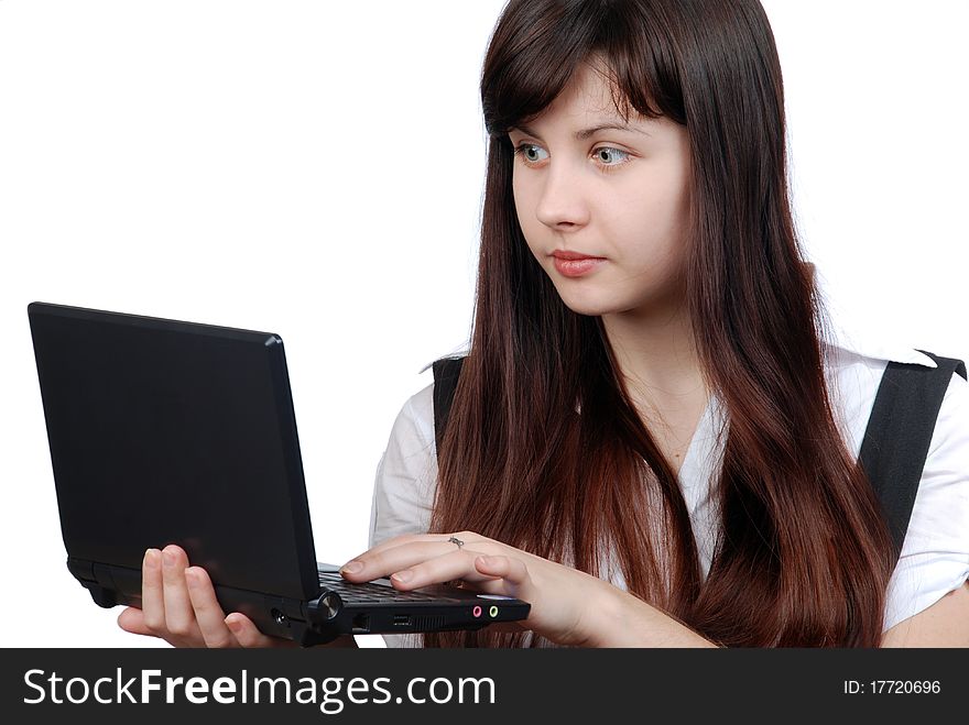 The woman with the laptop on a white background