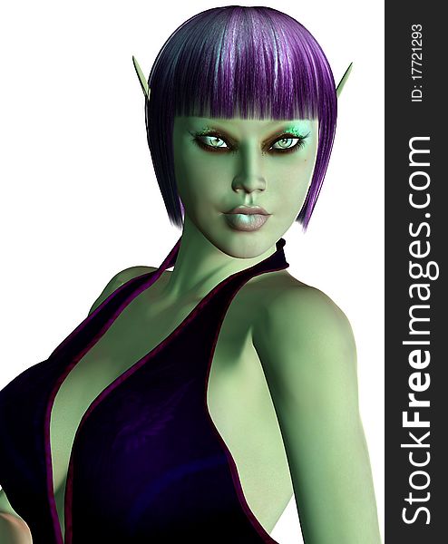 Beautiful Exotic Elf Woman with short purple hair and bathed in green light. White background. Beautiful Exotic Elf Woman with short purple hair and bathed in green light. White background