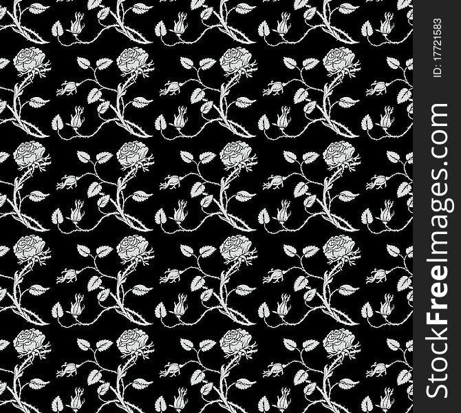 Black and white roses repeat seamless pattern