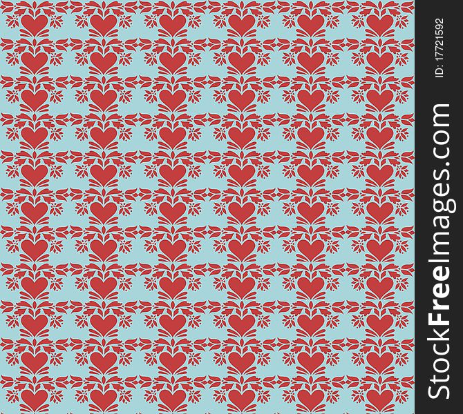 Blue and red folk art heart repeat pattern