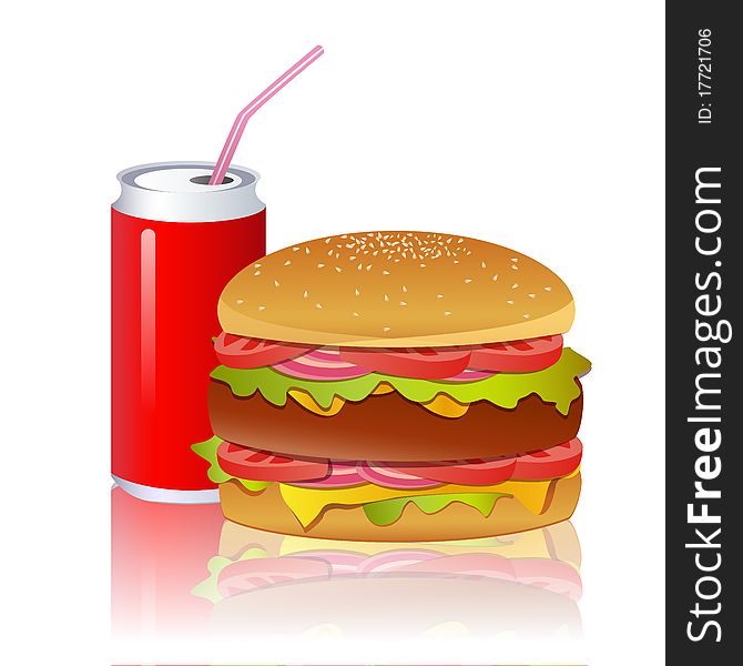 Illustration of burger with cold drink on white background