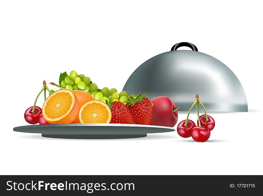 Illustration of fresh fruits in plate on white background