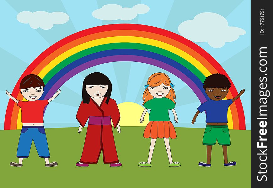 Happy Kids With Rainbow