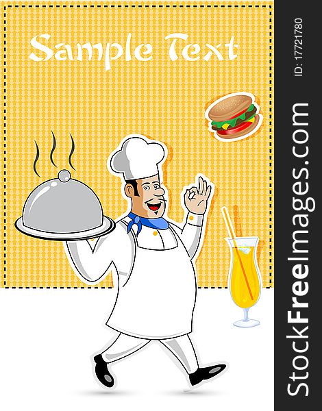 Illustration of happy cook with food on abstract background