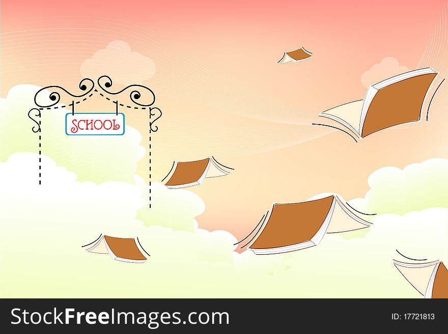 Illustration of flying books at school gate on cloudy background. Illustration of flying books at school gate on cloudy background