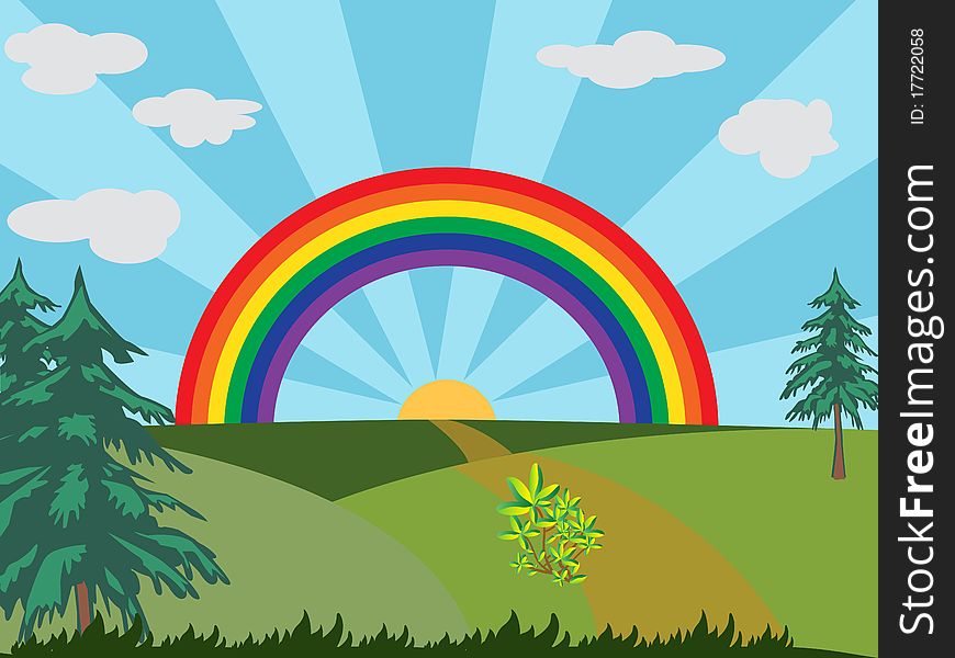 Summer landscape with green grass, rainbow,trees and sunrise