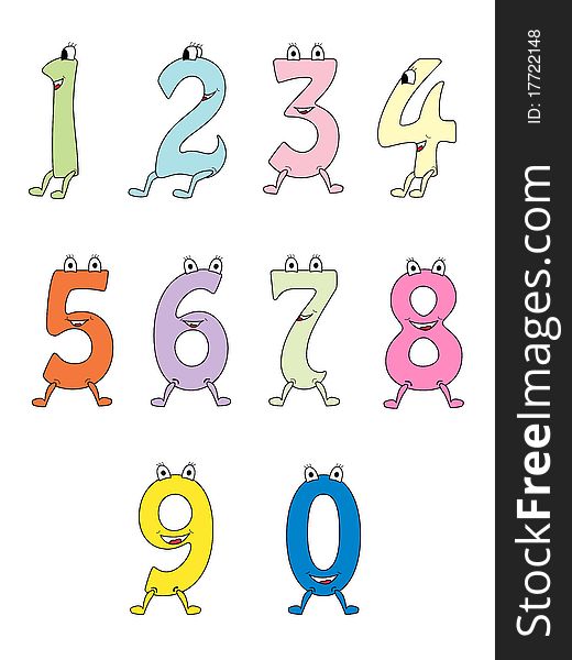Colourful cartoon numbers from 1 to 0. Colourful cartoon numbers from 1 to 0