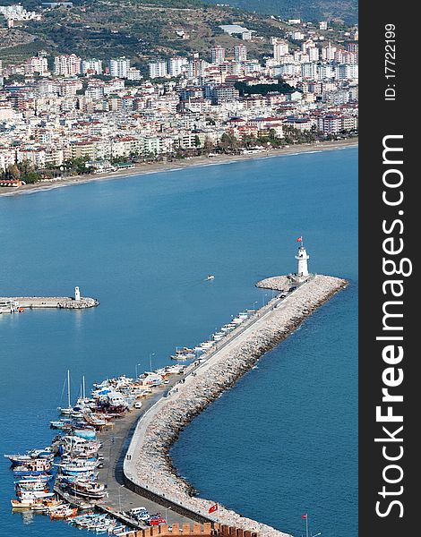 View of the yacht marina, the lighthouse and Coast