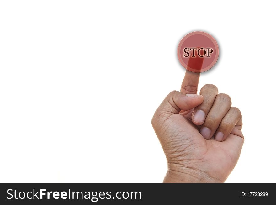 Finger push stop key as white isolate background. Finger push stop key as white isolate background