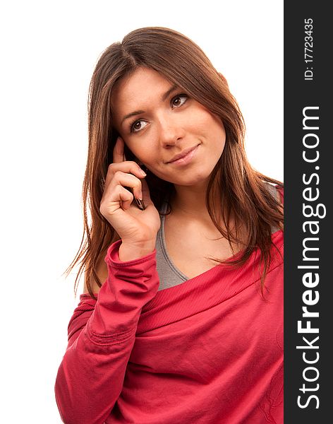 Pretty young woman talking on new cell phone mobile isolated on a white background. Pretty young woman talking on new cell phone mobile isolated on a white background