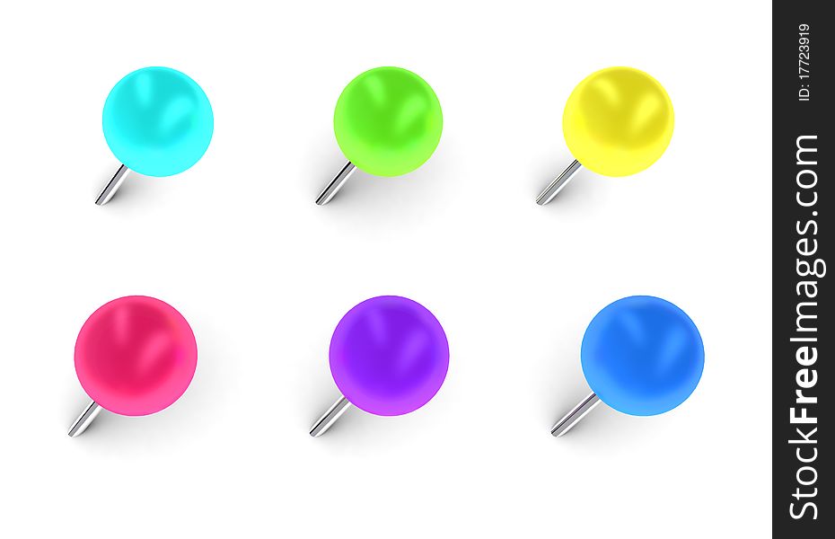 Collection of various pushpins on white background