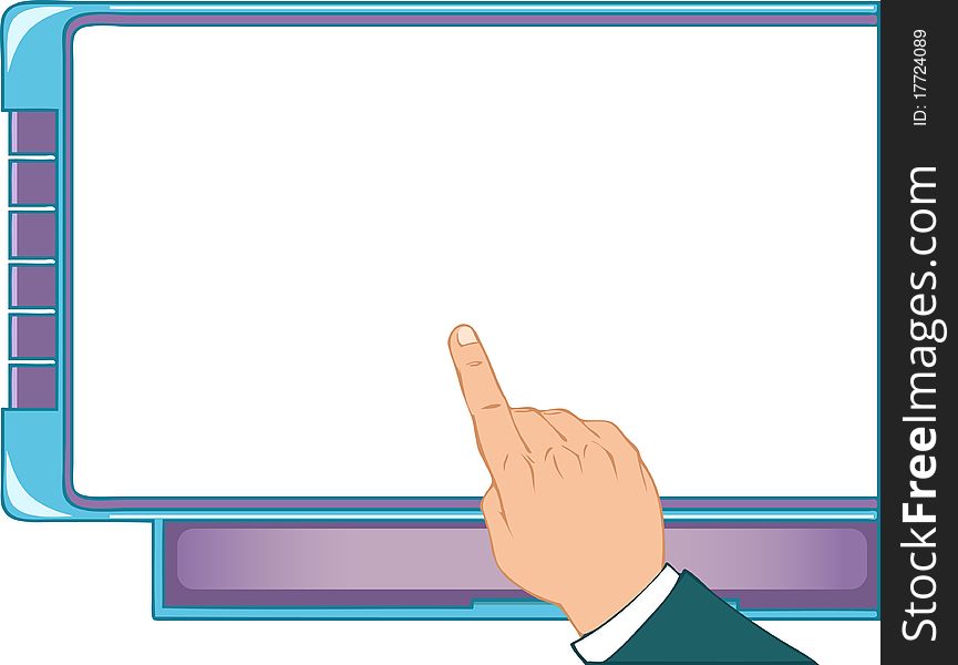 Man's hand points to the monitor screen.Additionally, a vector EPS format.