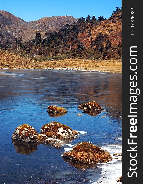 December 09,2010 Tawang,Arunachal Pradesh,India,Asia-A vertical view of a freeze lake. December 09,2010 Tawang,Arunachal Pradesh,India,Asia-A vertical view of a freeze lake.