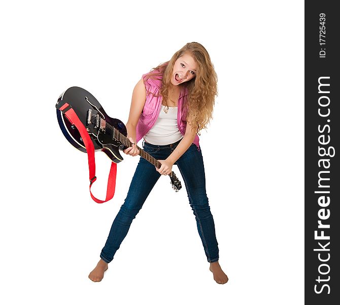 Young girl with a guitar on a white background