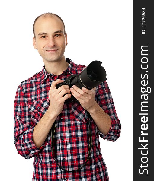 Photographer, young man with professional camera