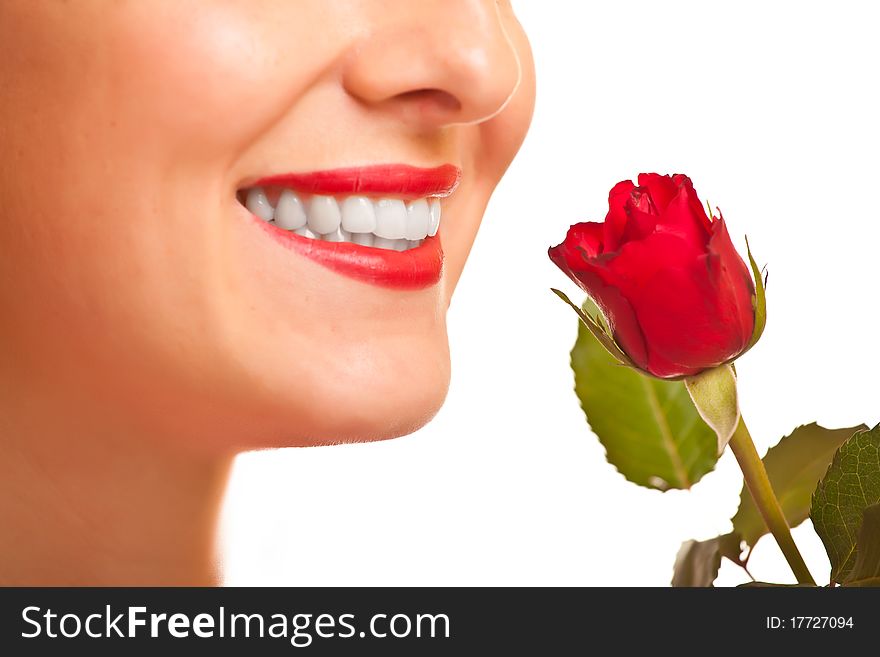 Beautiful Caucasian Woman With Red Roses  Isolated