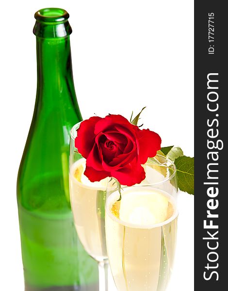 Valentine's day roses and champagne wine isolated on white