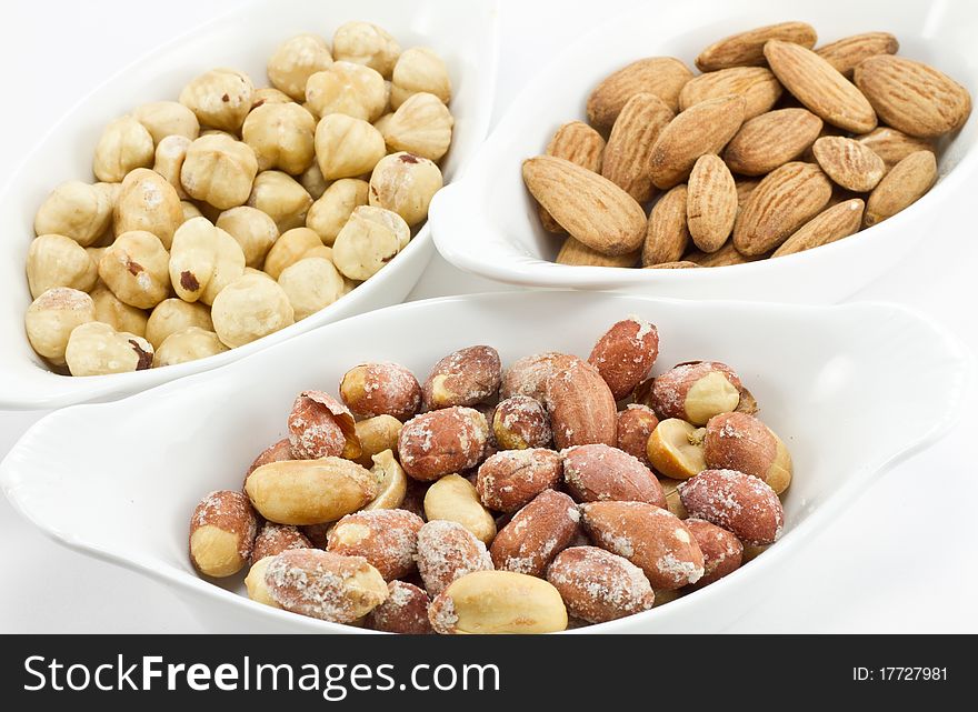 Various nuts; hazelnuts and almonds and peanuts