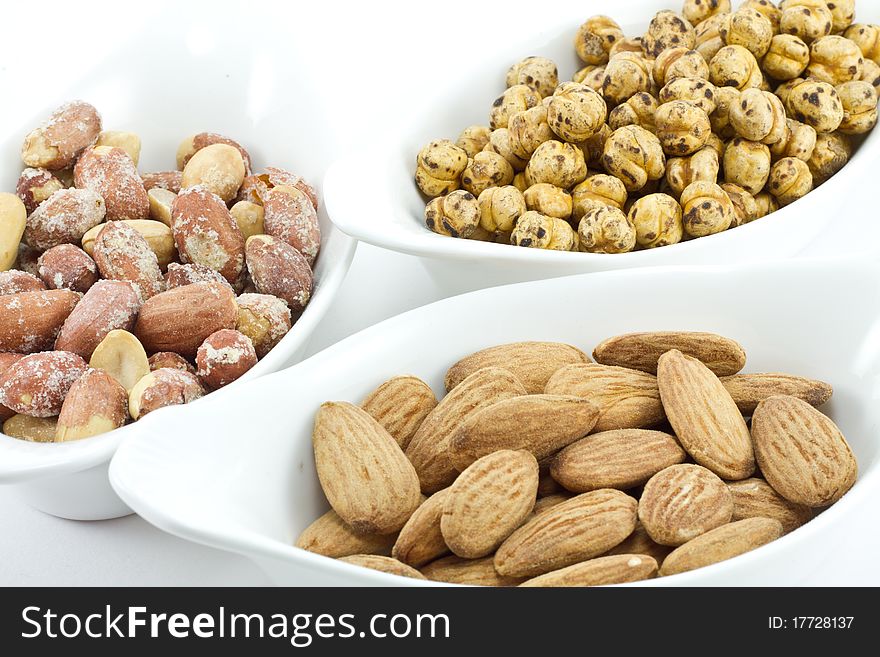 Various nuts; roasted chickpeas and almonds and peanuts